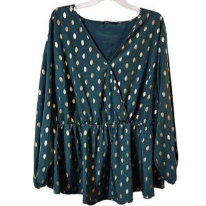 $7 If Bundled! BloomChic Dark Green Blouse with Gold Dots